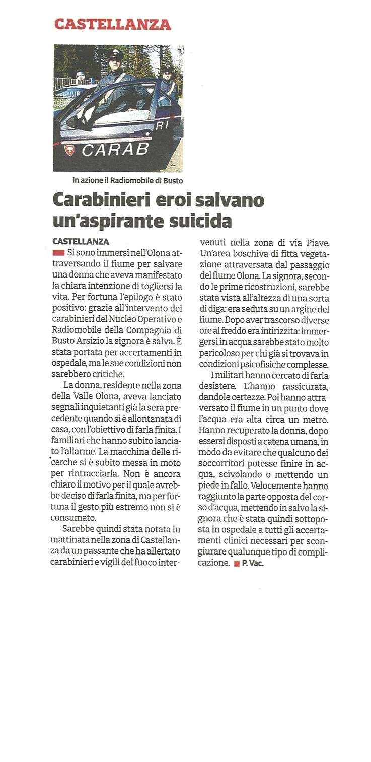 data rassegna 10/05/2016 CARABINIERI EROI SALVANO UN'ASPIRANTE SUICIDA pubblicato il