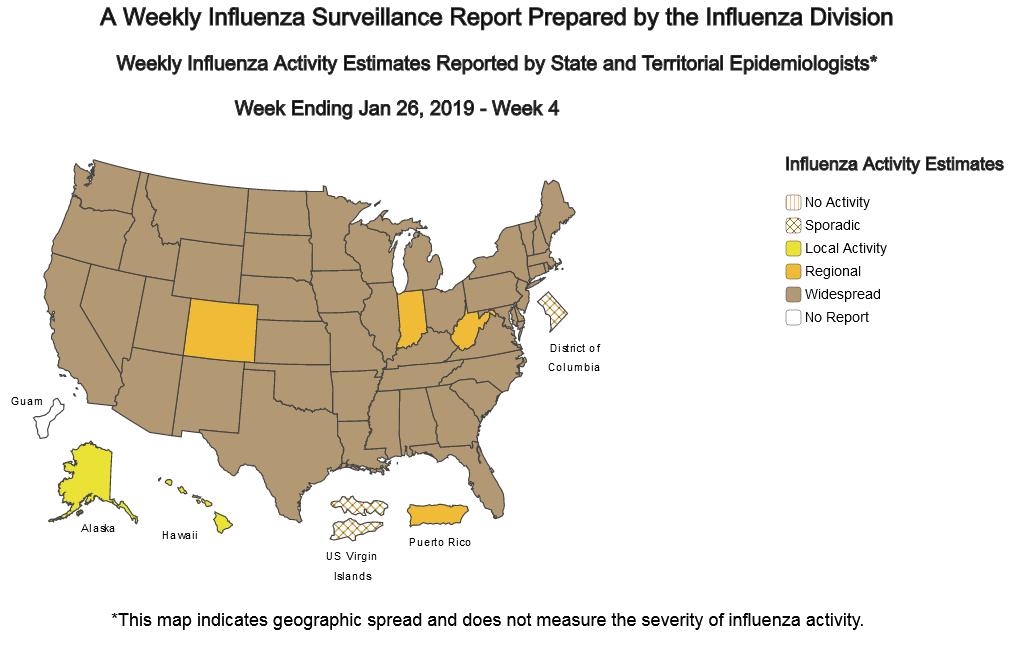 USA In tutti gli Stati Uniti si registra un ulteriore incremento della circolazione dei virus influenzali, come evidenziato nella mappa sottostante aggiornata al 26 gennaio 2019.