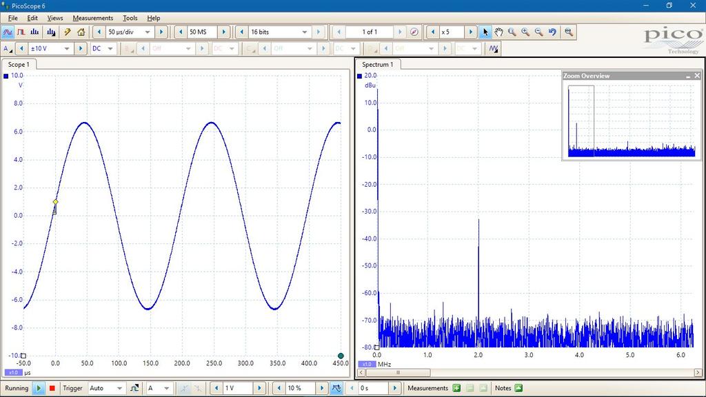 Display avanzato Il software PicoScope 6 dedica la maggior parte dell'area di visualizzazione alla forma d'onda, garantendo che la quantità massima di dati sia visibile in ogni momento.
