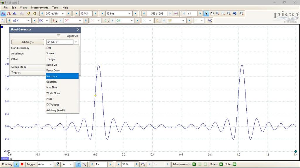 CAN bus, LIN bus e FlexRay. Generatore di funzioni e generatore di forma d'onda arbitraria Tutte le unità PicoScope 5000D hanno un generatore di forma d'onda arbitraria integrato (AWG) da 14 bit 200.