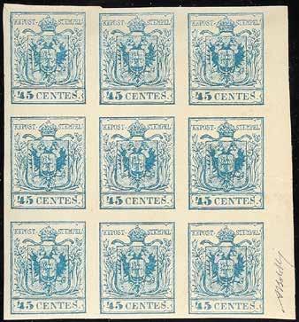 18 18 M 1850-45 c. azzurro blocco di nove esemplari bordo di foglio a destra proveniente dal blocco di 49 francobolli "Blauer Kaiser" - Da esaminare - Cert. Diena - Firma A. Bolaffi (Bol. n. 5) (Sass.