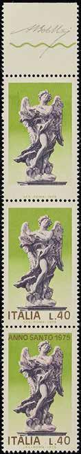 659 659 K 1976 - Anno Santo 40 L. "Angelo senza nome" - L'esemplare unito a due esemplari del francobollo tipo - Cert. Diena - Firma Bolaffi (Bol. n. 1382B) (Sass. n. 1285b) 10.