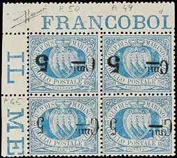 LE EMISSIONI 721 724 725 721 M 1877/90 - Veduta - La serie con il 10 c. azzurro - Cert. Caffaz, Diena, Raybaudi e Savarese - Firma Oliva (Bol. n. 1/8) (Sass. n. 1/7 + 3A) 850 722 K 1892 - Veduta 5 c.