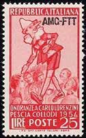 764 K 1954 - Pinocchio 25 L. - Molto raro - Firma Colla (Bol. n. 209) (Sass. n. 208A) 5.000 764 PACCHI POSTALI 765 767 765 K 1947/48 - Prima emissione - La serie - Cert. Diena - Firma Mondolfo (Bol.