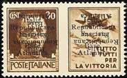 784 787 788 784 K 1943 - Propaganda di guerra 30 c. bruno (III) doppia soprastampa di cui una capovolta - Cert. Diena - Firma Oliva (Sass. n. 18a) 2.