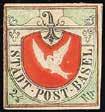000 1193 I 1845 - "Colomba di Basilea" 2 1/2 rp. - La prova nei colori rosso e verde - Cert. Bolaffi e Diena (Bol. n. U9) (Yv. n. 8 nota) 2.