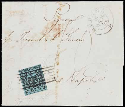 88 D 1852-40 c. celeste - Splendido - Cert. Diena (Bol. n. 5) (Sass. n. 5) 500 89 I D 1852-40 c. celeste - Uniti altri quattro francobolli dei servizi - Firma G.