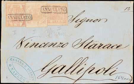rosa brunastro su lettera del 13 gennaio 1860 da Taranto per Napoli - Da esaminare - Firma A.D. (Bol. n. 2+3+4) (Sass. n. 3+7+8) 300 122 A 1858-5 gr.