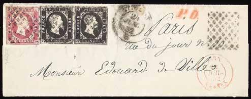 287 287 A 1851-5 c. nero coppia orizzontale + 40 c. rosa su lettera del 21 luglio 1852 da Thonon per Parigi - Rara - Da esaminare - Cert. Raybaudi (Bol. n. 1+3) (Sass. n. 1+3) 3.