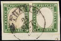 52+53+54A) (Sass. n. 18+19+20) 100 ANNULLAMENTI DUCALI E SARDO-ITALIANI A PARTIRE DAL 1860 447 A 1862 - Canemorto - Cerchio con rosetta annullatore di IV emissione 20 c.