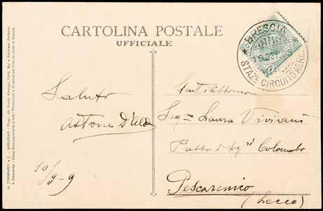 POSTA AEREA - PRECURSORI 559 A 1909 - Brescia/Staz. e Circuito Aereo - Cerchio annullatore di Leoni 5 c. su cartolina postale ufficiale del 10 settembre per Pescarenico (Sass. n.