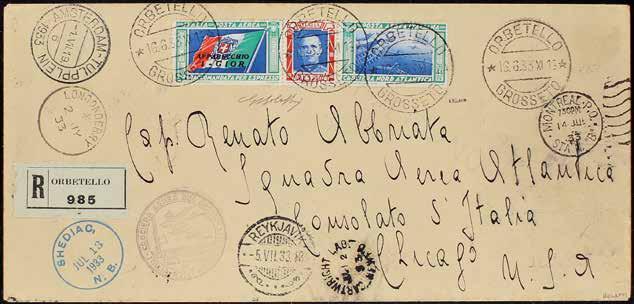 576 576 A 1933 - Balbo - Trittico I-GIOR 50 L. su raccomandata aerea del 14 giugno da Orbetello per Chicago con i vari annulli delle tappe - Molto rara - Cert. Bolaffi (Bol. n. 54) (Sass. n. 526) 1.