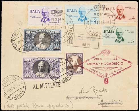 T18A) (Yv. n. 18) 250 578 D 1934 - Roma - Buenos Aires - La serie - Da esaminare - Cert. Diena (Bol. n. 58/61) (Sass. n. 56/59) 50 579 A 1934 - Volo Roma-Mogadiscio - I primi quattro valori della serie in affrancatura mista con Vaticano Giardini e medaglioni 50 c.