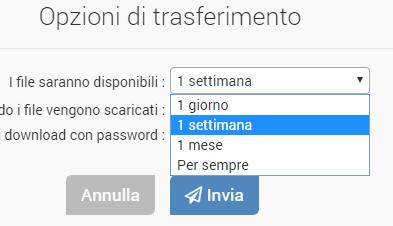 Quando si clicca, con il tasto sinistro del mouse, sul tasto blu Invia, compare un riquadro come quello nella Figura 12, qua sotto, con tre Opzioni di trasferimento: Figura 12 con la prima, possiamo