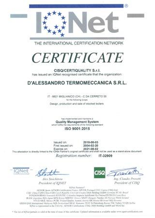 D'Alessandro Termomeccanica boilers are CE marked and certified according to the most important European and international standards on atmospheric emissions by