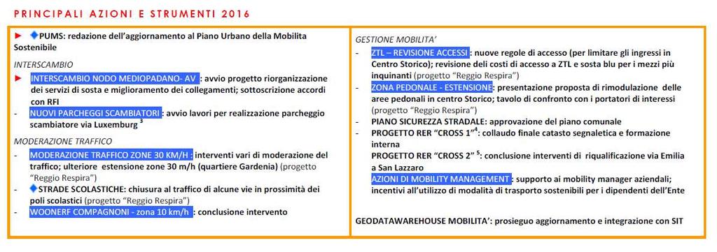 In tale sezione sono evidenziate con specifica simbologia: Le AZIONI-PROGETTI PRIORITARI PER L ANNO DI RIFERIMENTO Azione Le AZIONI CONGRUENTI CON GLI INTERVENTI PREVISTI DAI PIANI PER IL CLIMA E L