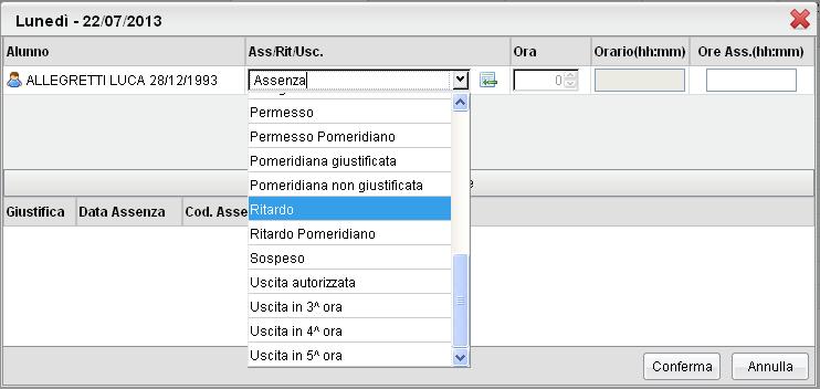 Nel caso del Ritardo o di Ingresso 2 ora il programma permette anche di specificare nel capo Orario (hh:mm) l esatta ora di ingresso in classe.