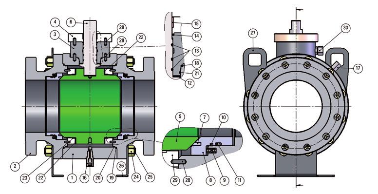 Valvole Trunnion in tre pezzi Three pieces Trunnion valve Materiali corpo, sfera, stelo secondo specifiche cliente Material of the body, ball and shaft according to customer specifications Valvola in