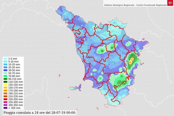 Fig. 16 Mappa della distribuzione della pioggia cumulata e dei tempi di ritorno relativa al giorno 27 luglio 2019 (t = 24h) Fig.