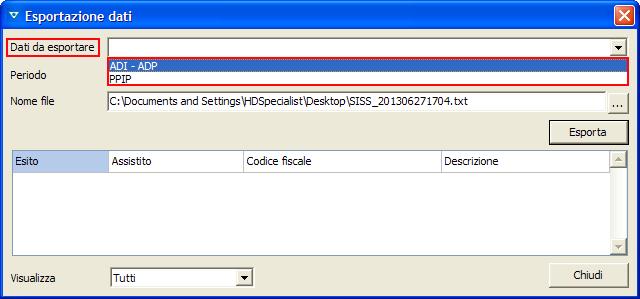 selezionare dal menù a tendina Dati da esportare il tipo di prestazioni da prendere in esame per l estrazione, ADI ADP oppure PPIP