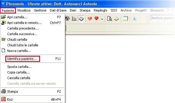 2.3 ALTRE FUNZIONALITA Dall interno del programma, attraverso il menù Paziente, Identifica paziente è possibile accedere alla sezione Identifica