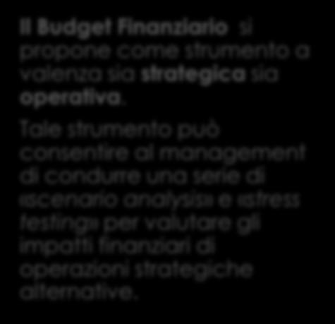 IL BUDGET FINANZIARIO TESORERIA E PIANIFICAZIONE FINANZIARIA Il Budget Finanziario si propone come strumento a valenza sia strategica sia operativa.