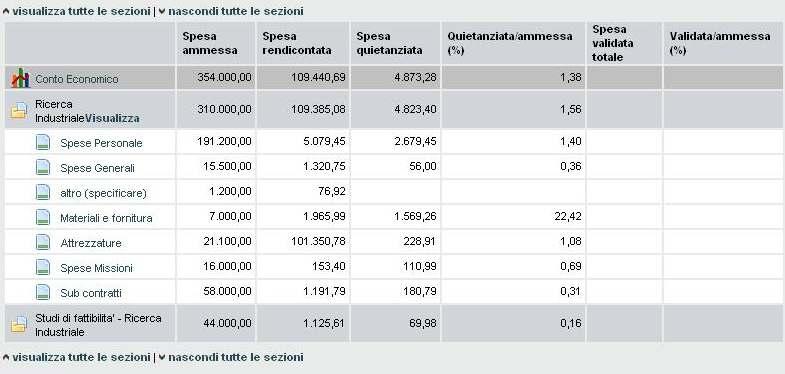 Sia per ogni voce di spesa del conto economico, sia per il totale che appare nella riga conto economico, la tabella presenta i seguenti valori: spesa ammessa è l importo ammesso a finanziamento;