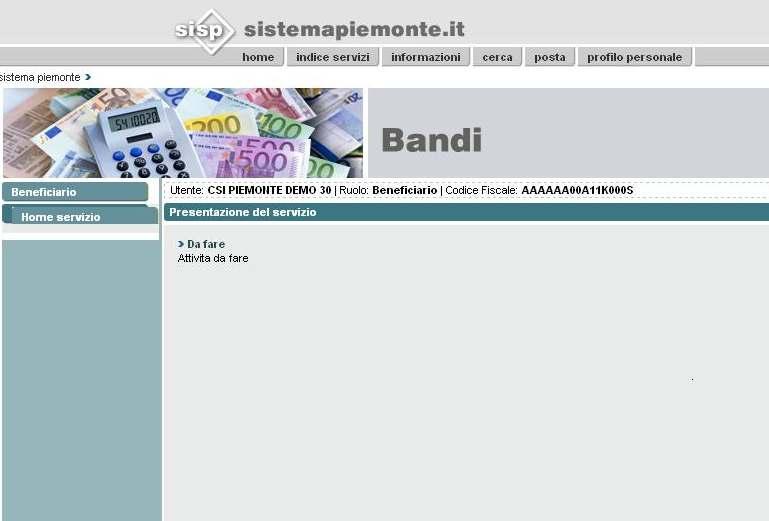1.4.2. Home page del servizio Le 3 sezioni principali: Intestazione del portale Sistema Piemonte (fare riferimento alla guida in linea del portale).