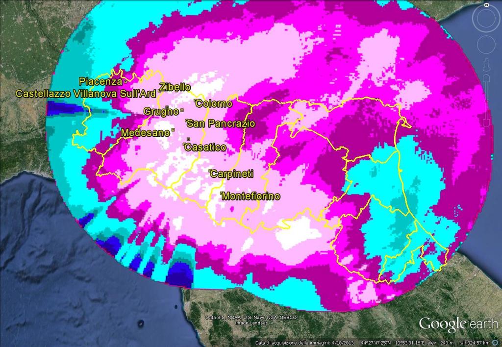 . Figura 18: Mappa di precipitazione cumulata ottenuta dal composito radar dalle 00 UTC del 07/02/2014 alle 00 UTC del 12/02/2014.