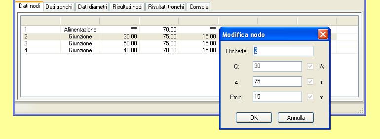 3. FUNZIONI AVANZATE - Manipolazione rapida dei dati relativi a nodi e tronchi: a) per modificare i dati di un singolo nodo (o tronco): fare