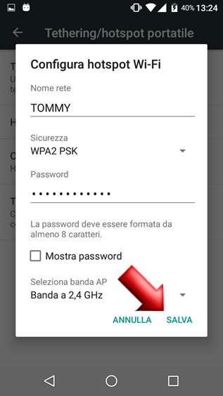 17 Assegna quindi un nome alla rete che stai creando, seleziona il tipo di sicurezza WPA2 e, se