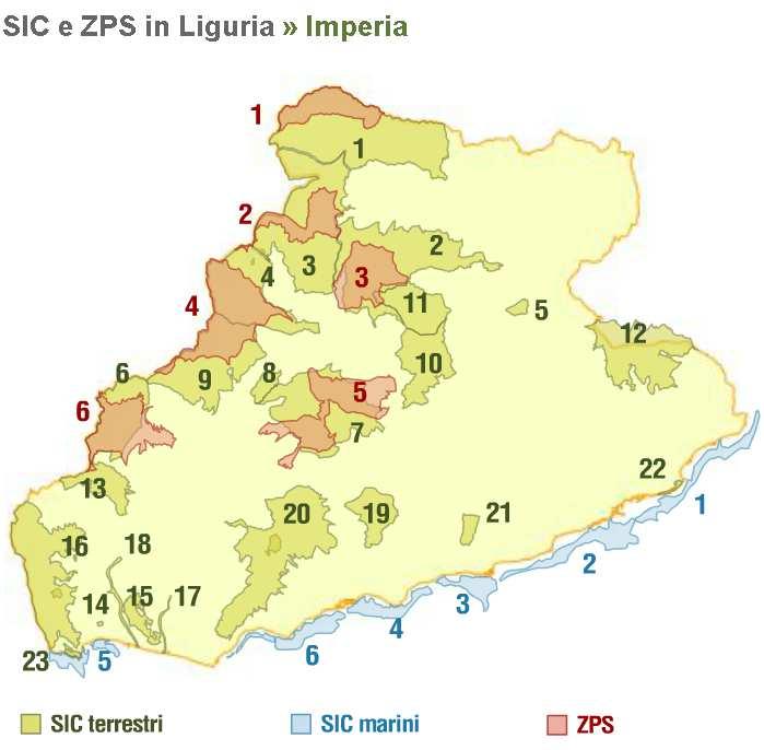 SIC e ZPS della Liguria Qui di seguito si riporta l elenco dei SIC e delle ZPS presenti sul territorio ligure, suddivisi per provincia. IMPERIA SIC TERRESTRI (23) SIC MARINI (6) ZPS (6) 1.