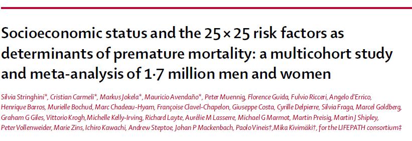 STATO SOCIO ECONOMICO E MORTALITÀ febbraio 2017 articolo sul Lancet i fattori socioeconomici sono risultati un fattore di rischio indipendente di mortalità.