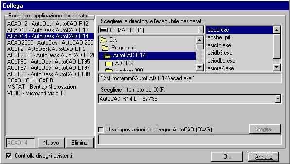 FIGURA 1.6 Per impostare la versione AutoCAD utilizzata, scegliere prima l applicazione nella parte sinistra del riquadro e poi scegliere la directory e il file eseguibile dell applicazione stessa.