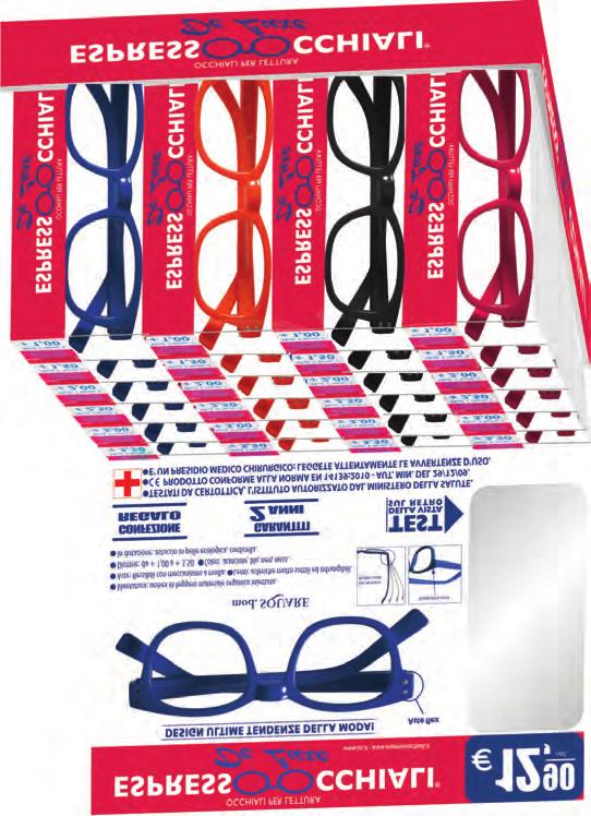 SQUAE: n 24 occhiali, in 4 colori, diottrie assortite da +1,00 a +3,50.