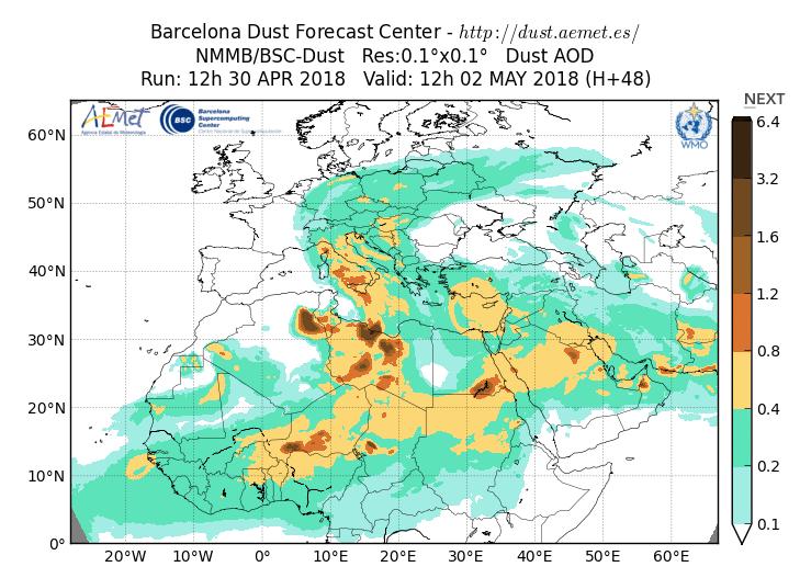 Fig. 5 Elaborazione del centro europeo AEMET relativa alla concentrazione di dust per le ore 03.00 UTC del 28/04/2018, è evidente l afflusso sull Italia Meridionale. Fig.