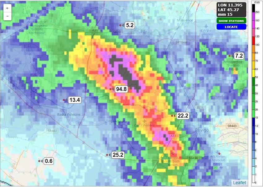 Figura 11 Cumulata di precipitazione stimata dal radar di Teolo sul padovano sud occidentale e il Medio Polesine, nelle 6 ore tra le 10 e le 16 legali (le etichette si riferiscono ai dati di