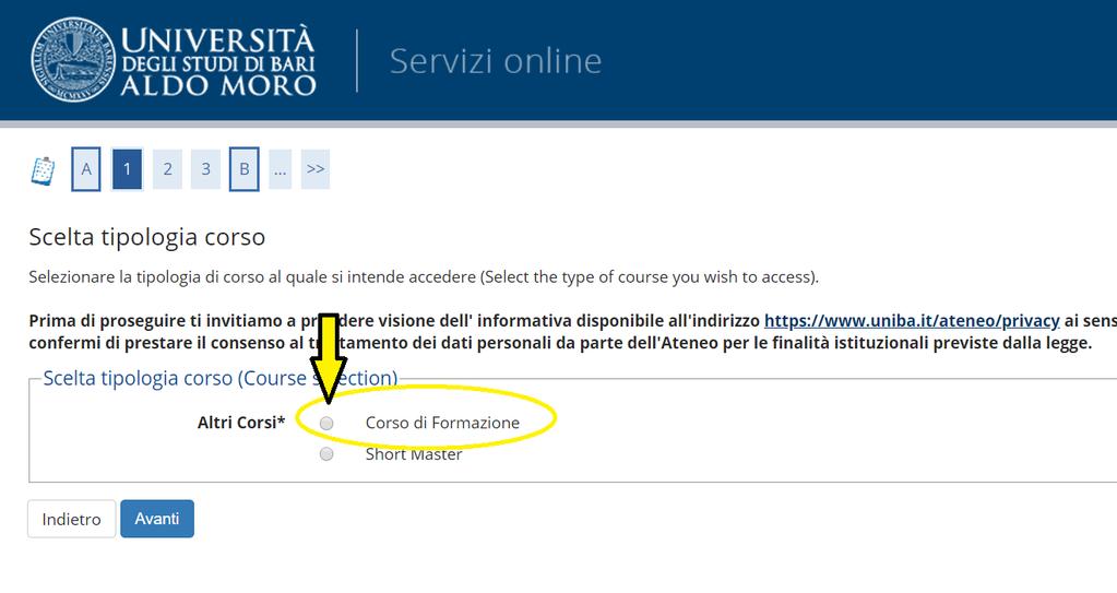 Cliccare sul pallino Corso di Formazione e poi su AVANTI Ancora sul Pallino.