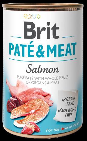 BRIT PATE' & MEAT Salmon 70% DI SALMONE E POLLO + PATE' DI CARNE PURA. Alimento completo per cani adulti.