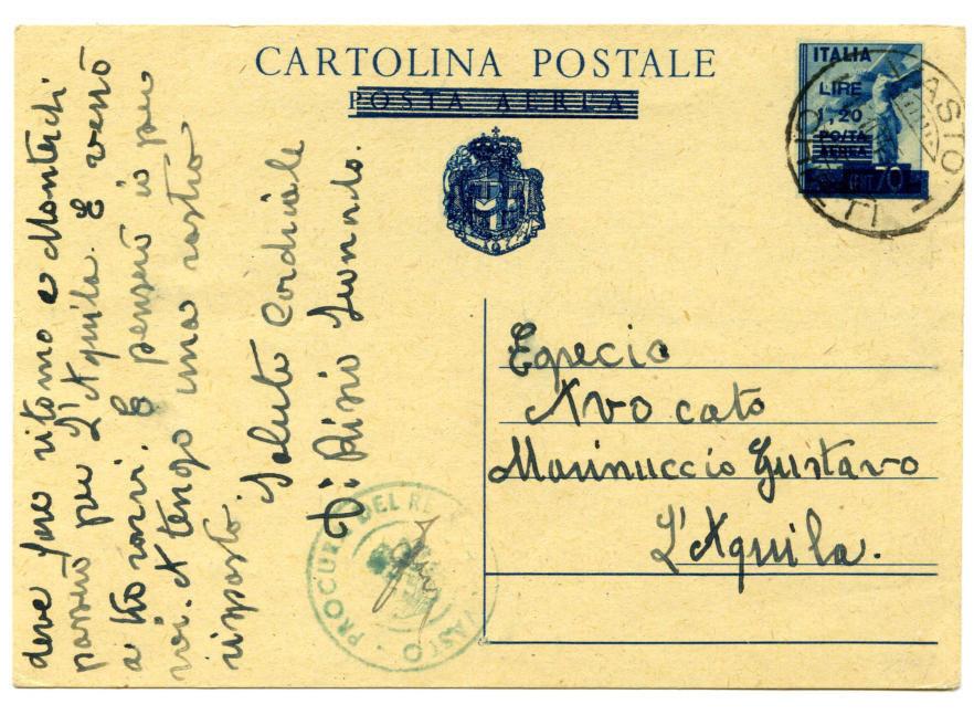 Periodo storico: Luogotenenza 15.10.1945 - Dal Carcere di Vasto a L Aquila Affrancatura: C.P. 1,20 l.
