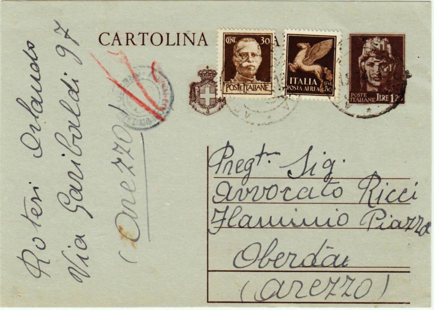 Tariffa: Cartolina postale Timbro di censura: Carcere Giudiziario - S. Angelo dei Lombardi - Ufficio.