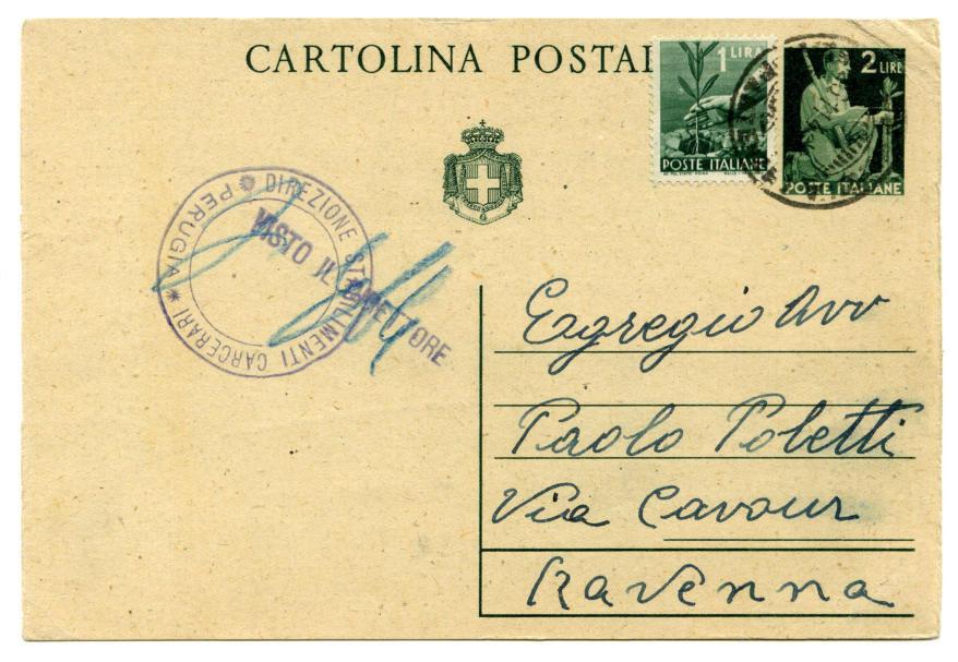 o per Censura, lineare violetto. 26.11.1946 da Stabilimenti Carcerari Perugia a Ravenna Affrancatura: C.P. 2 l.