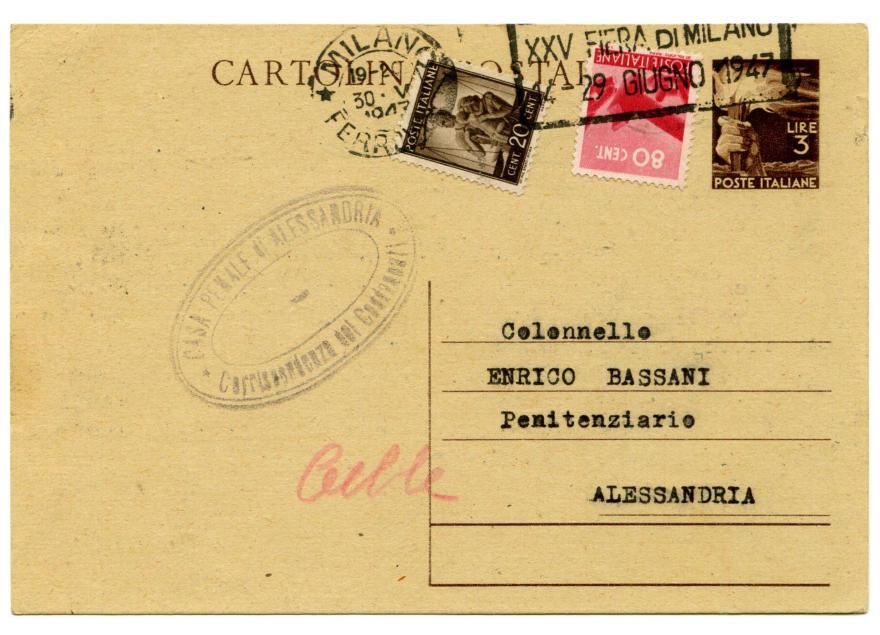 Tariffa: Cartolina postale Timbro di censura: Casa Penale di Alessandria - Corrispondenza dei Carcerati,