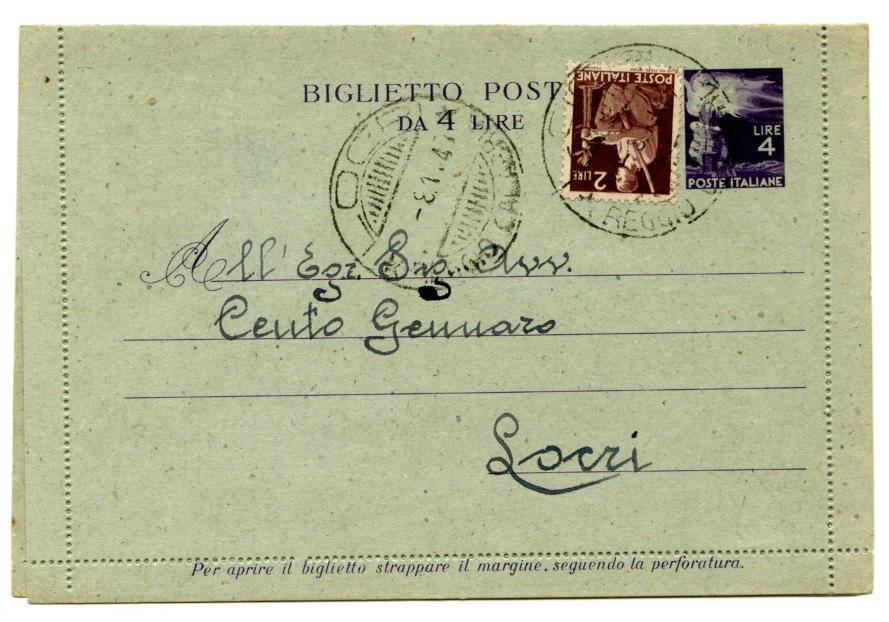 ) Tariffa: Biglietto postale Timbri di censura: Carcere Giudiziario - Di Locri - Visto -