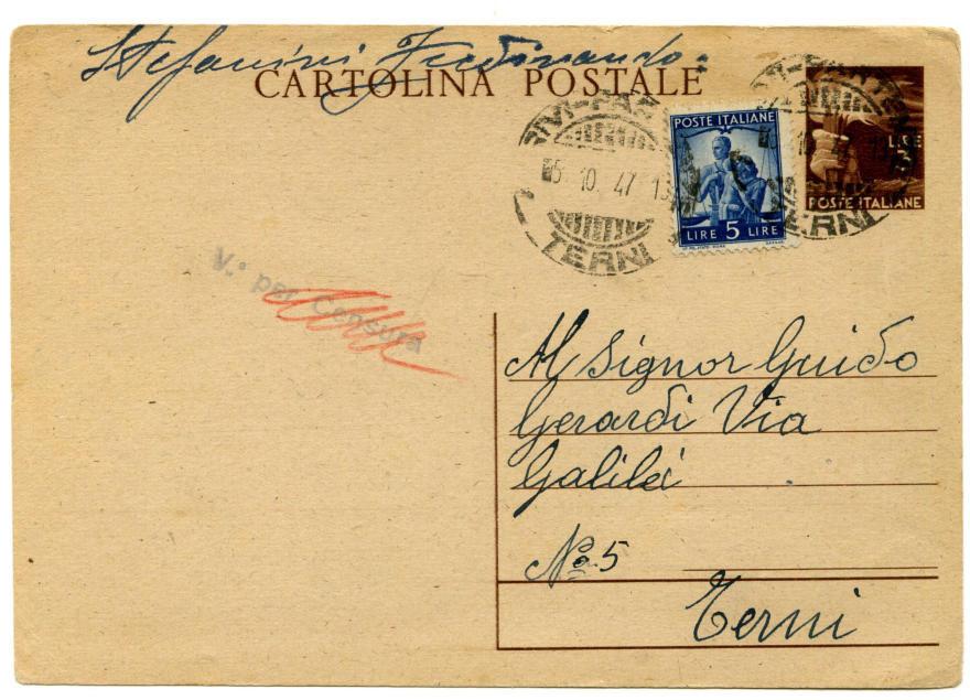 Periodo storico: Repubblica 5.10.1947 da Carcere di Terni per città Affrancatura: C.