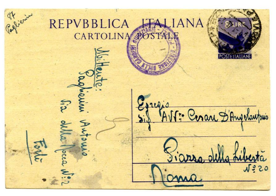 Periodo storico: Repubblica 31.1.1948 da Carcere di Lucera a Roma Affrancatura: C.P. 4 l. + 50 c.