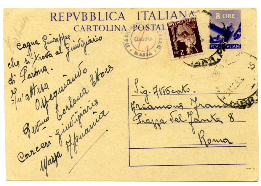 Periodo storico: Repubblica 6.8.1948 da Carceri Giudiziarie Firenze per città Affrancatura: C.P. 8 l.