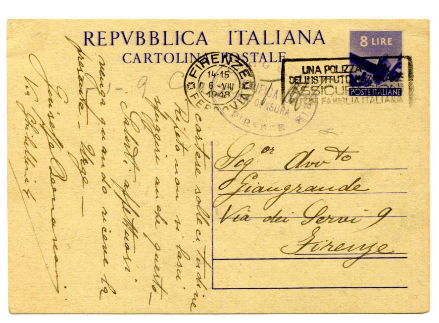 ovale violetto. 31.10.1948 da Carceri Giudiziarie Massa a Roma Affrancatura: C.P. 8 l. + 2 l.