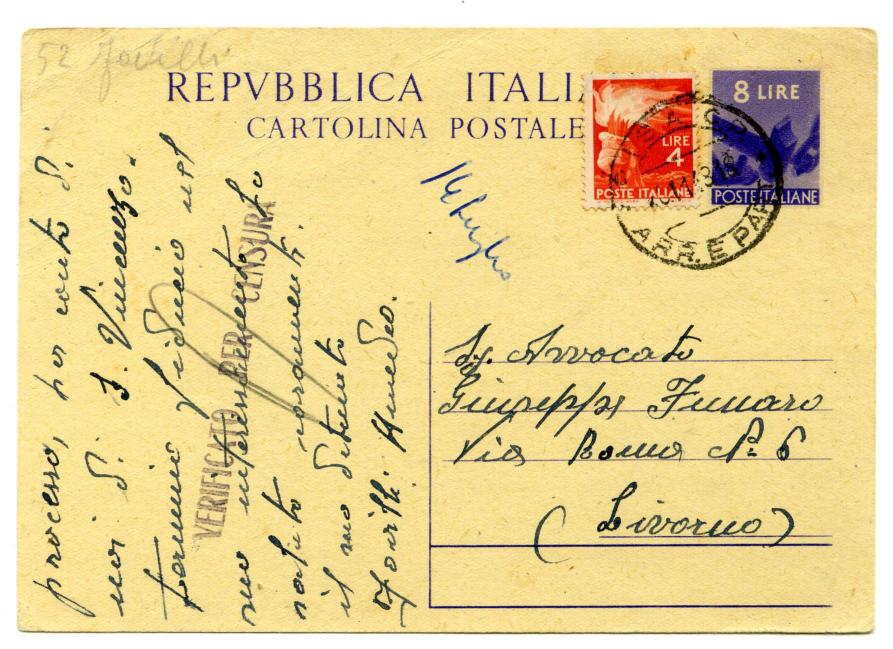 Tariffa: Cartolina postale Timbro di censura: Direzione delle Carceri Giudiziarie - Ascoli Piceno,