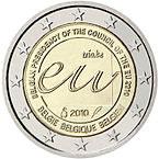 Effigie: presidenza belga del Consiglio dell Unione europea nel 2010 Descrizione: nella parte interna della moneta è impresso il logo celebrativo costituito dalle lettere stilizzate EU e dall